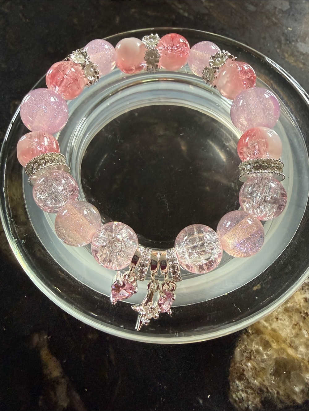 Pink Crystal Bead Stretch Bracelet with Charms